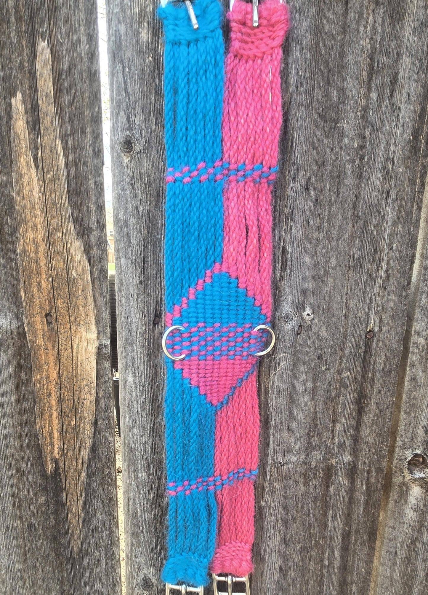 24" Dressage Girth for Horseback Riding, Handmade from 100% Mohair Cord with Stainless Steel Buckles and D Rings, Blue and Pink