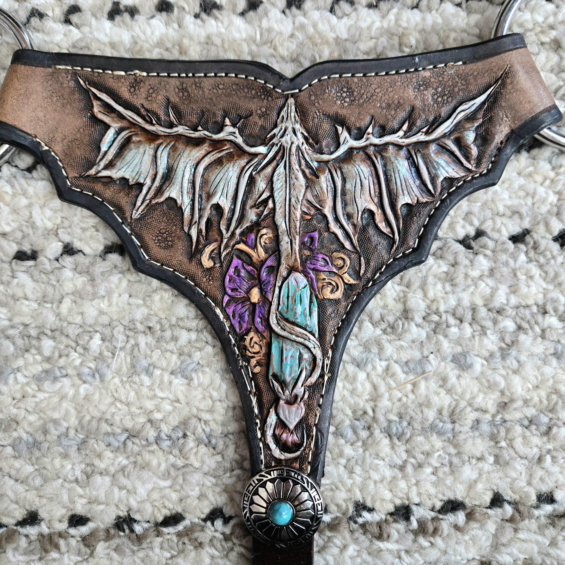 Mohair Gladiator Style Western Horseback Riding Breast Collar w Stainless Rings + Buckles, Leather Tugs, Hand Tooled Dragon, Equestrian Gift