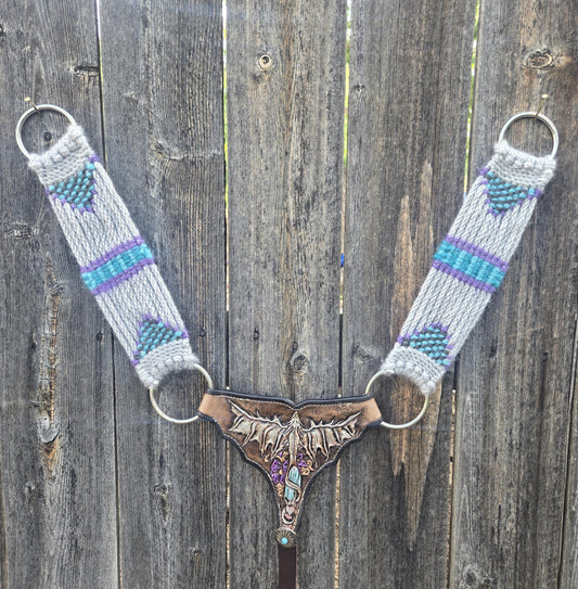 Mohair Gladiator Style Western Horseback Riding Breast Collar w Stainless Rings + Buckles, Leather Tugs, Hand Tooled Dragon, Equestrian Gift
