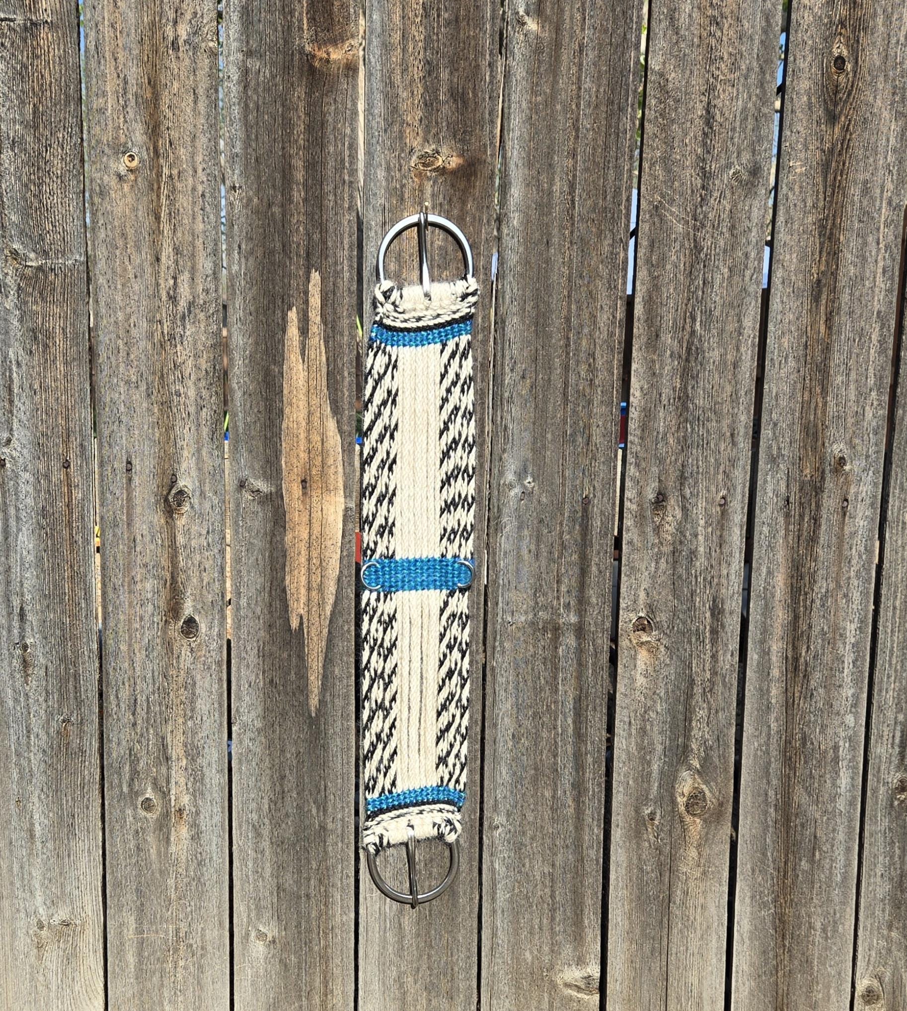 29" Mohair Cinch with Stainless Steel Buckles, for Western Horseback Riding, Handmade from 100% Woven Mohair Cord, black tan and blue