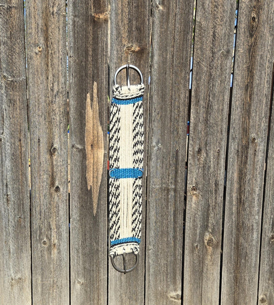 29" Mohair Cinch with Stainless Steel Buckles, for Western Horseback Riding, Handmade from 100% Woven Mohair Cord, black tan and blue