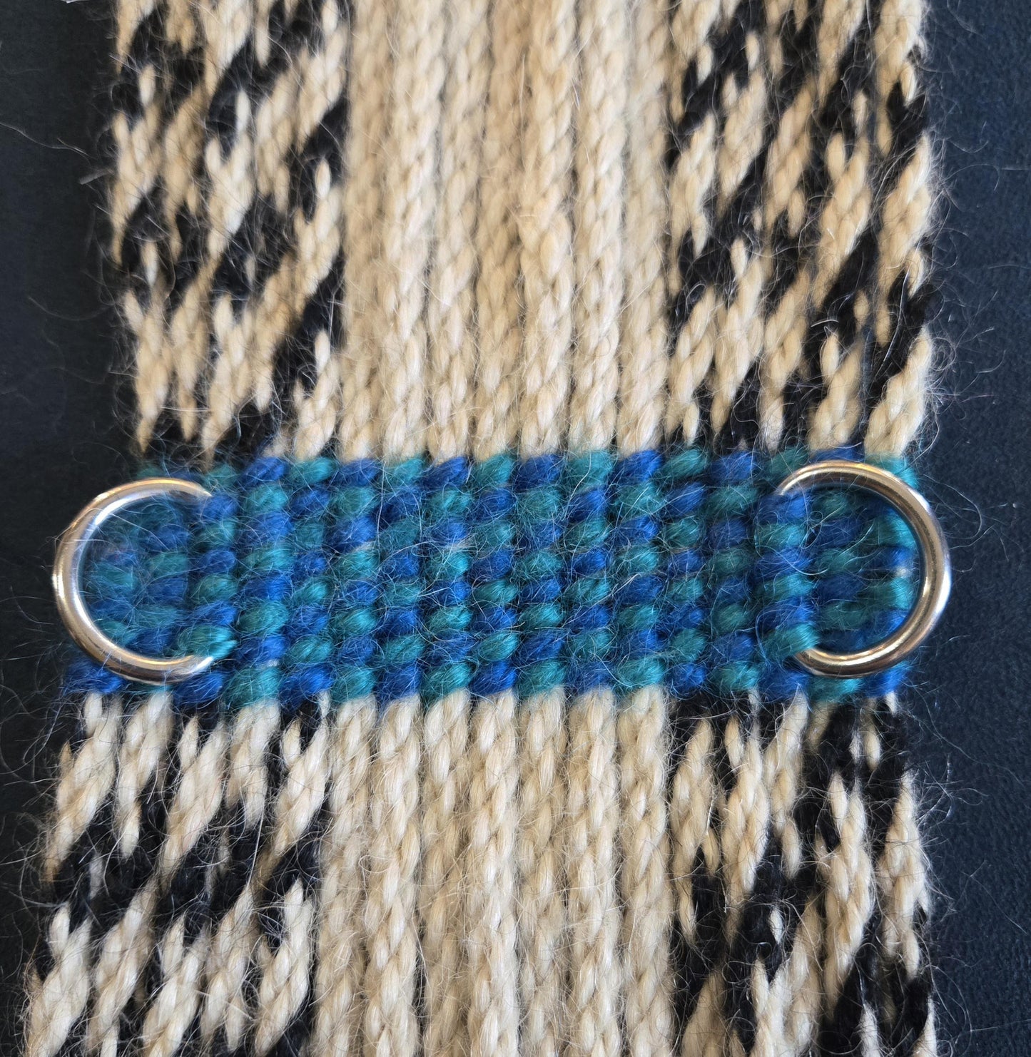 29" Mohair Cinch with Stainless Steel Buckles, for Western Horseback Riding, Handmade from 100% Woven Mohair Cord, black tan and blue