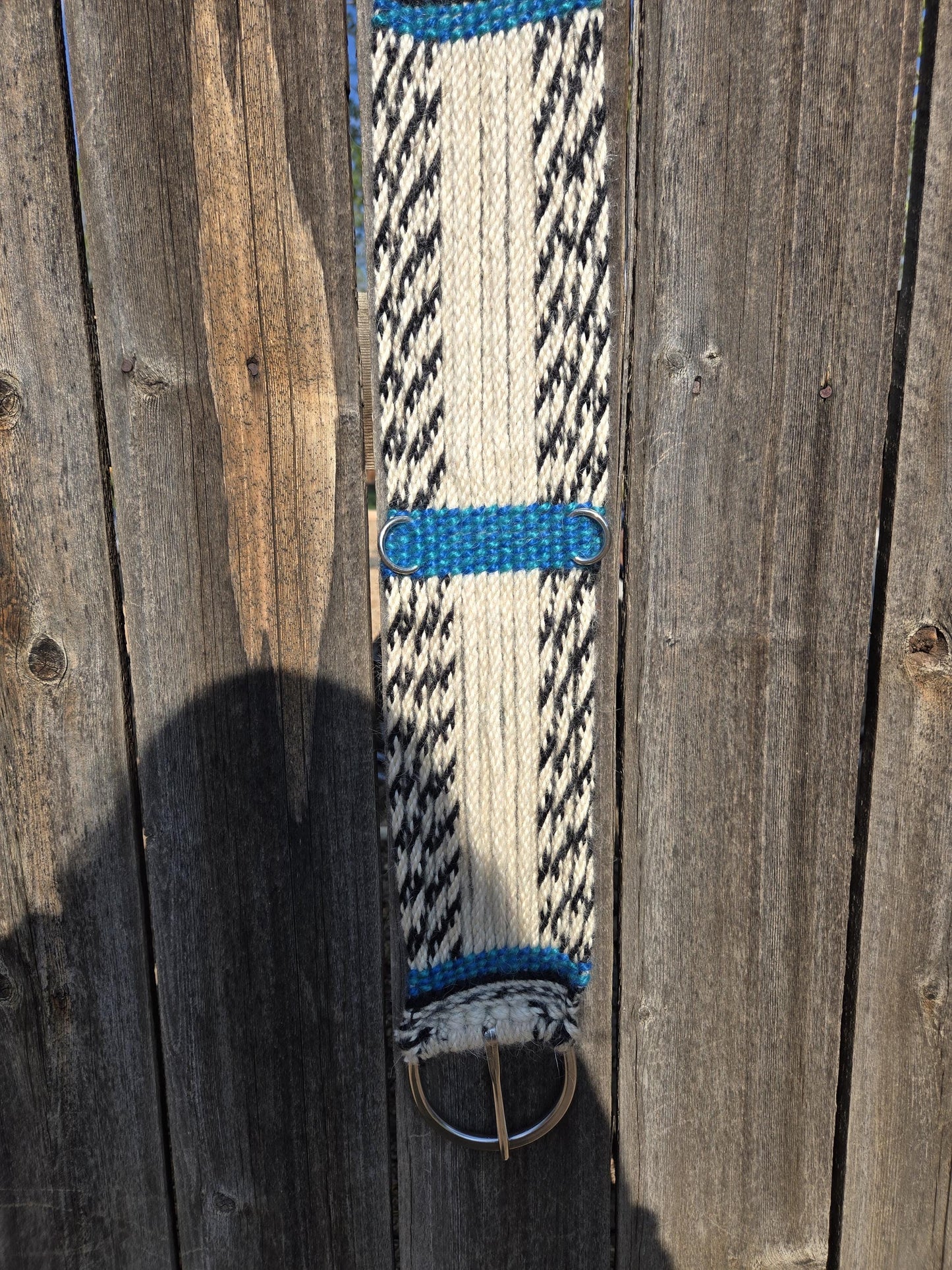 29" Mohair Cinch with Stainless Steel Buckles, for Western Horseback Riding, Handmade from 100% Woven Mohair Cord, black tan and blue
