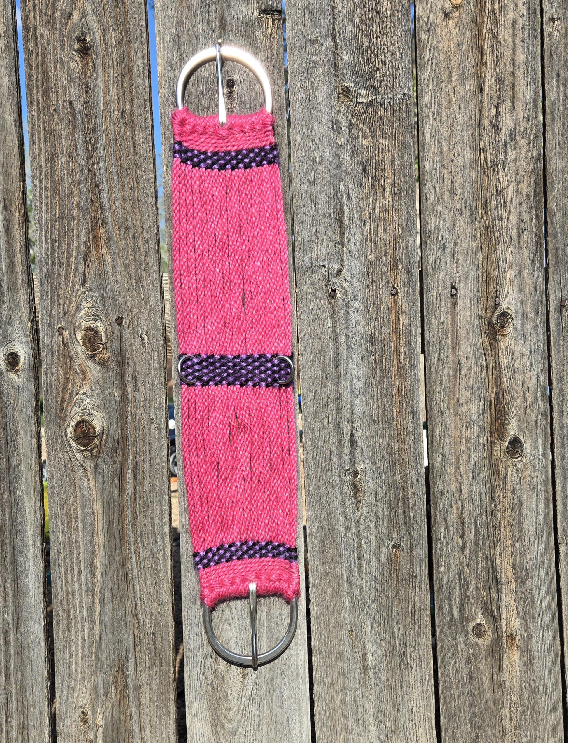 25" Mohair Cinch with Stainless Steel Buckles, for Western Horseback Riding, Handmade from 100% Woven Mohair Cord, pink purple and black