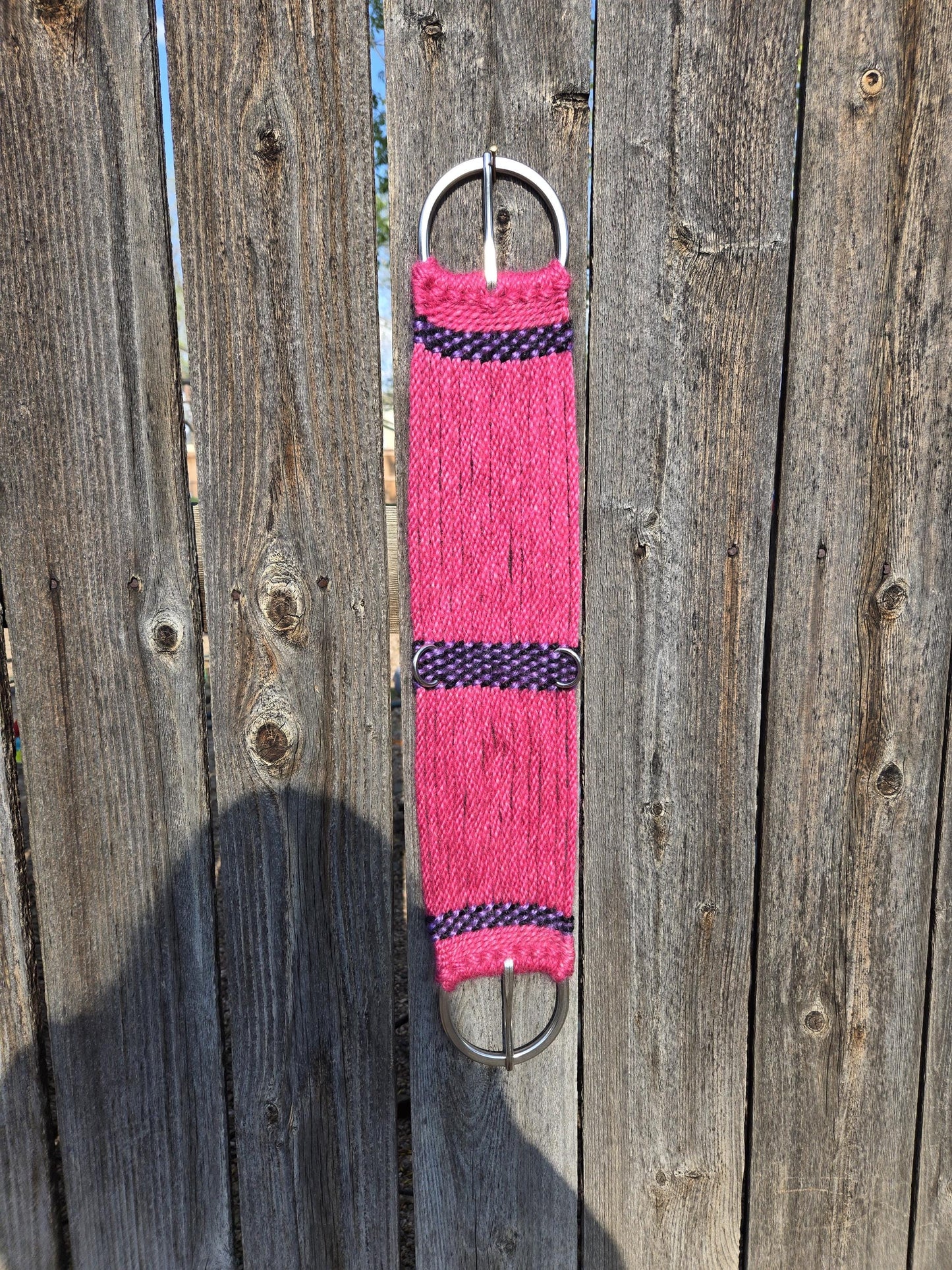 25" Mohair Cinch with Stainless Steel Buckles, for Western Horseback Riding, Handmade from 100% Woven Mohair Cord, pink purple and black