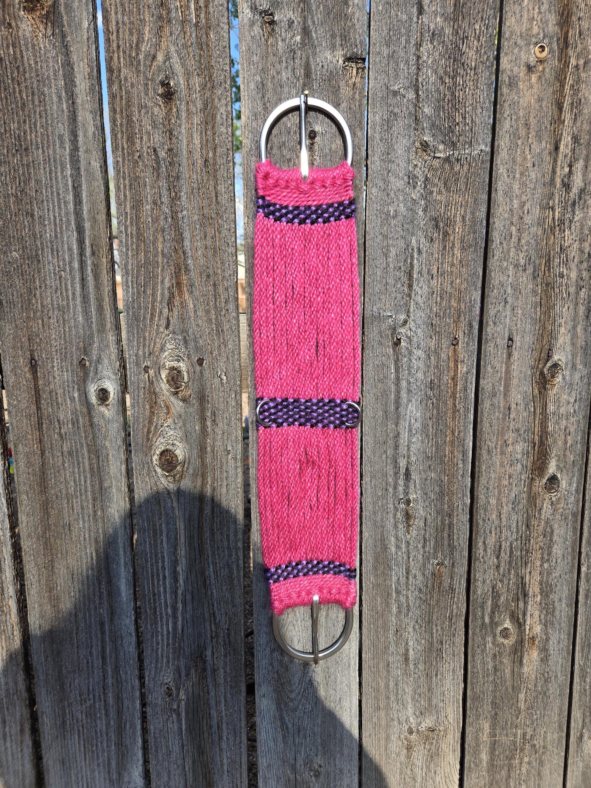25" Mohair Cinch with Stainless Steel Buckles, for Western Horseback Riding, Handmade from 100% Woven Mohair Cord, pink purple and black