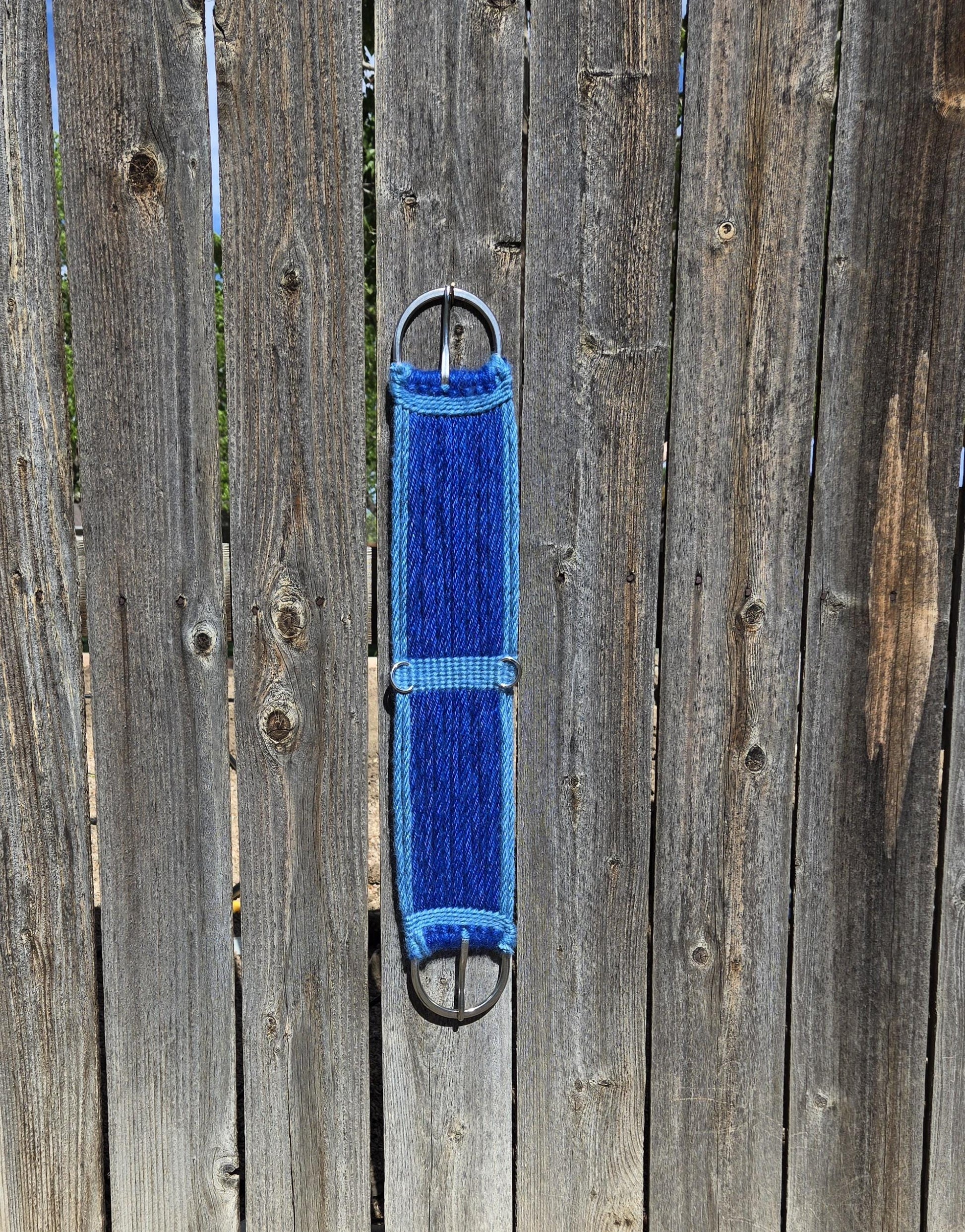 28" Mohair Cinch with Stainless Steel Buckles, Tack for Wester Horseback Riding, Handmade from 100% Mohair Tied Cord, Blue
