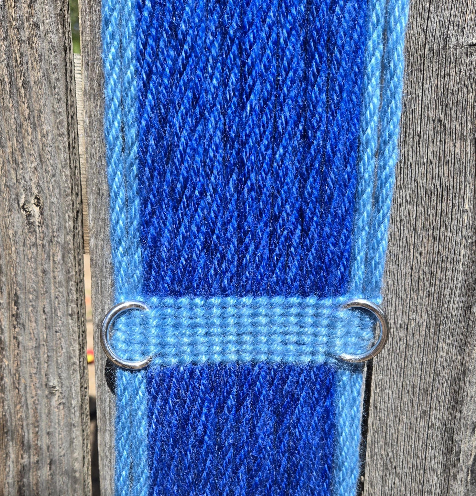 28" Mohair Cinch with Stainless Steel Buckles, Tack for Wester Horseback Riding, Handmade from 100% Mohair Tied Cord, Blue