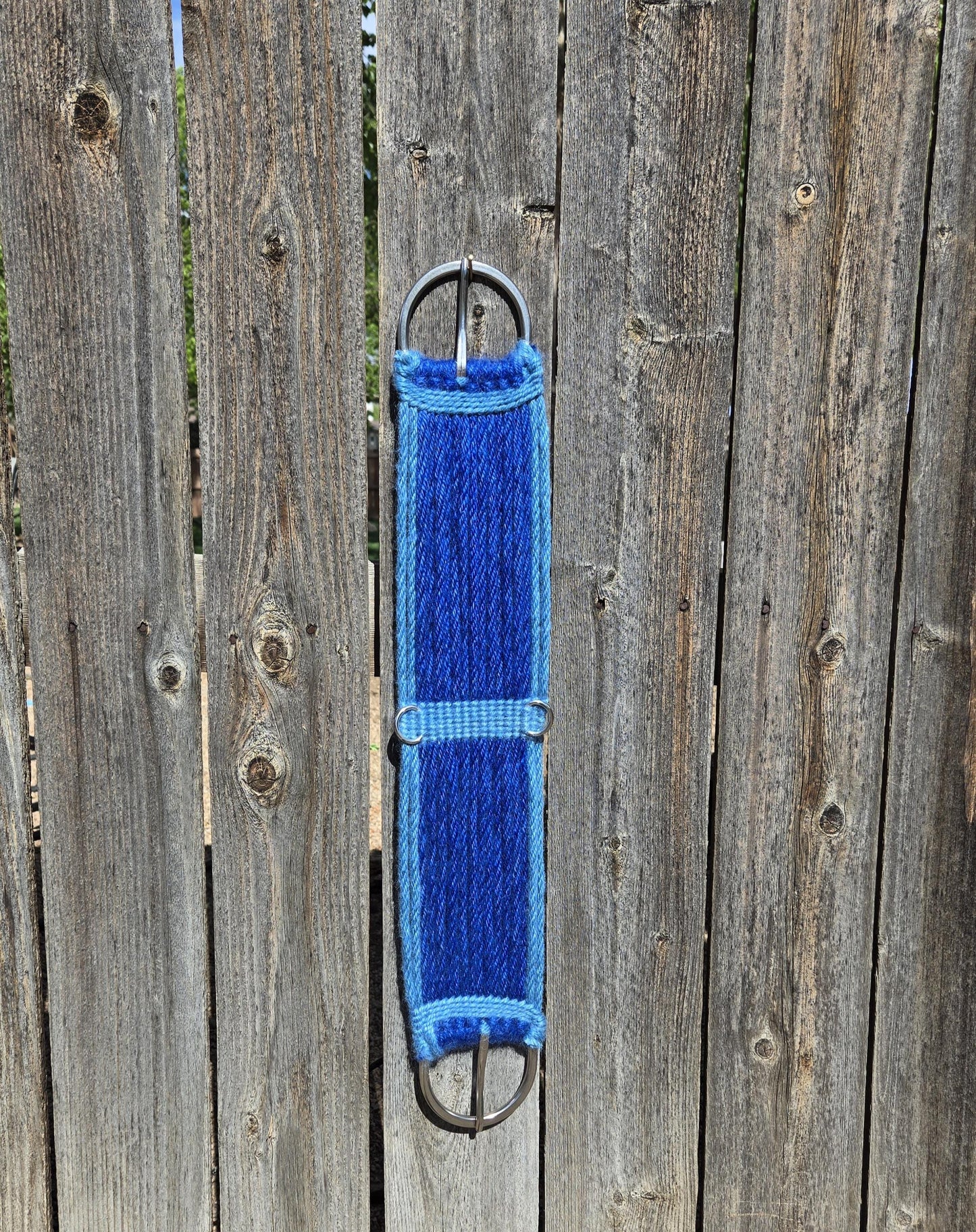 28" Mohair Cinch with Stainless Steel Buckles, Tack for Wester Horseback Riding, Handmade from 100% Mohair Tied Cord, Blue