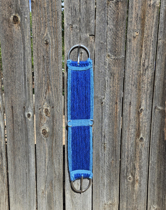 28" Mohair Cinch with Stainless Steel Buckles, Tack for Wester Horseback Riding, Handmade from 100% Mohair Tied Cord, Blue