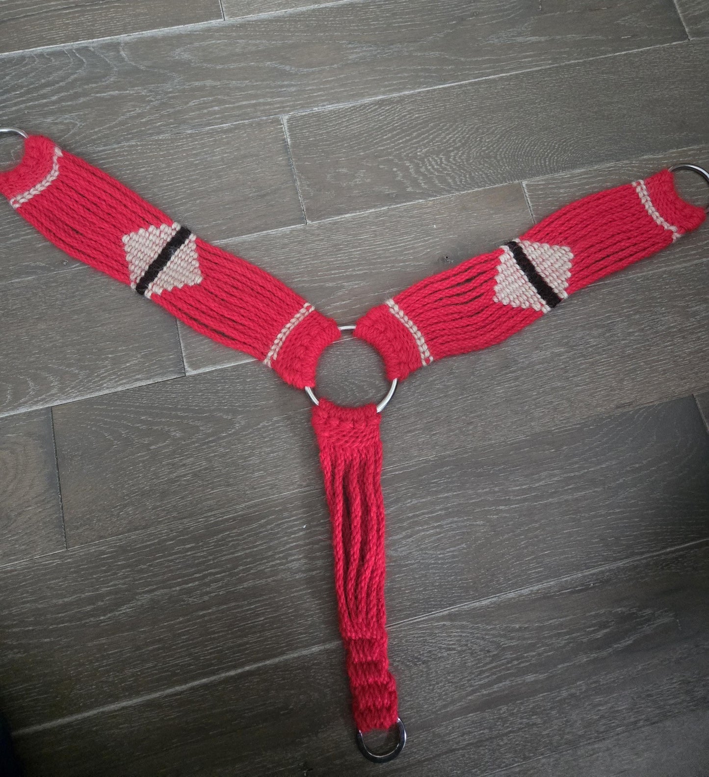 100% Mohair Breast Collar, Equestrian Tack Set for Western Horseback Riding, w Stainless Steel Buckles + Herman Oak Leather Tugs, Red + Tan