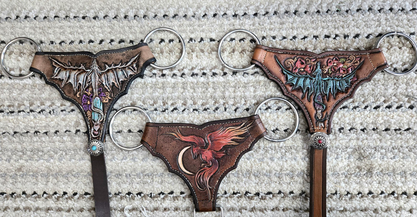 Mohair Gladiator Style Western Horseback Riding Breast Collar w Stainless Rings + Buckles, Leather Tugs, Hand Tooled Dragon, Equestrian Gift