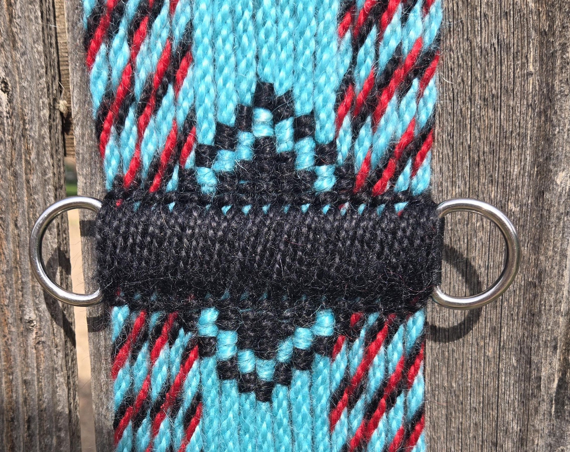 29" Mohair Cinch w Stainless Buckles, Tack Set for Western Horseback Riding, Handmade from 100% Mohair Woven Cord, Turquoise Red Black