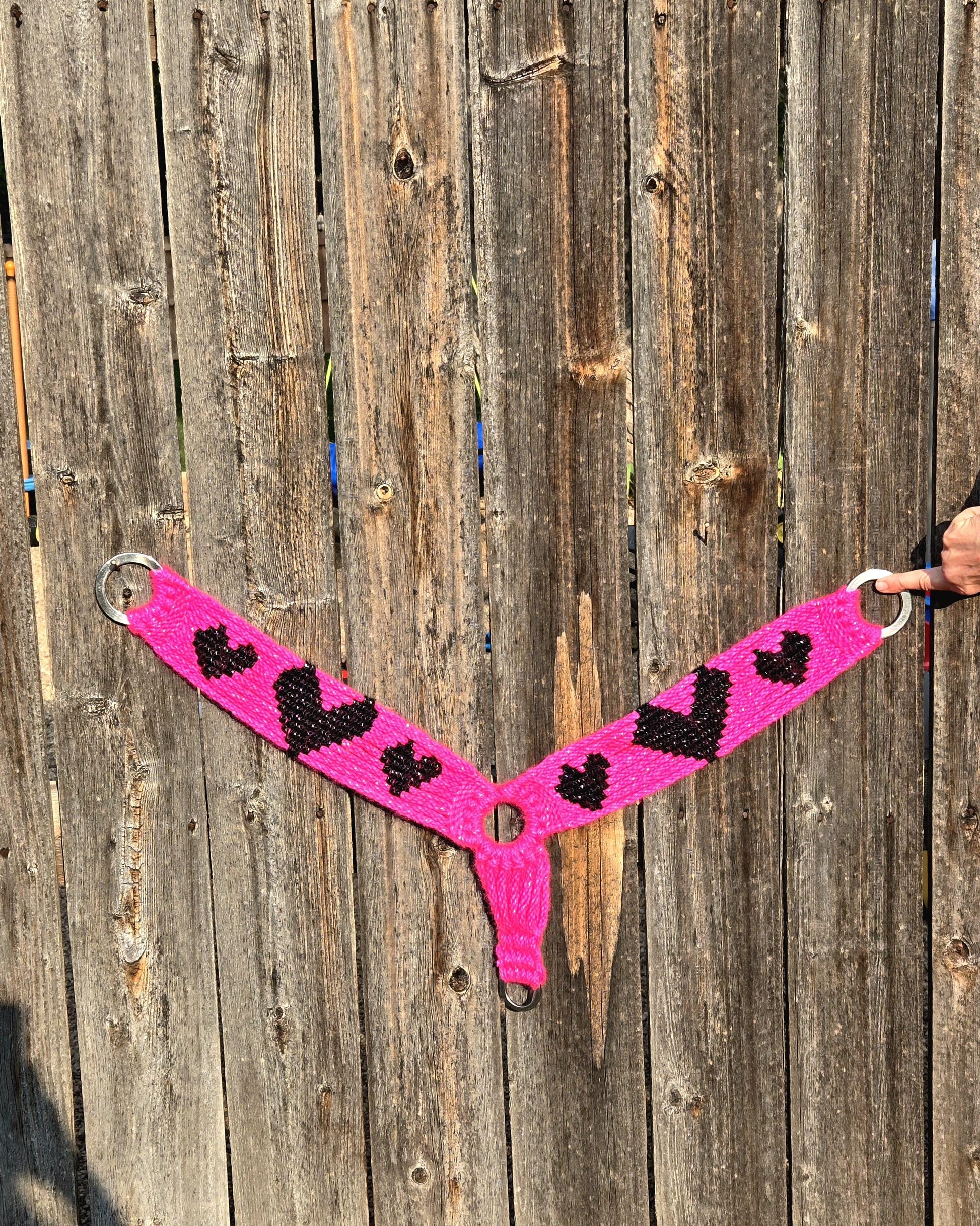 100% Mohair Breast Collar, Equestrian Tack Set for Western Horseback Riding, w/ Stainless Steel Buckles + Leather Tugs, Pink and Black Heart