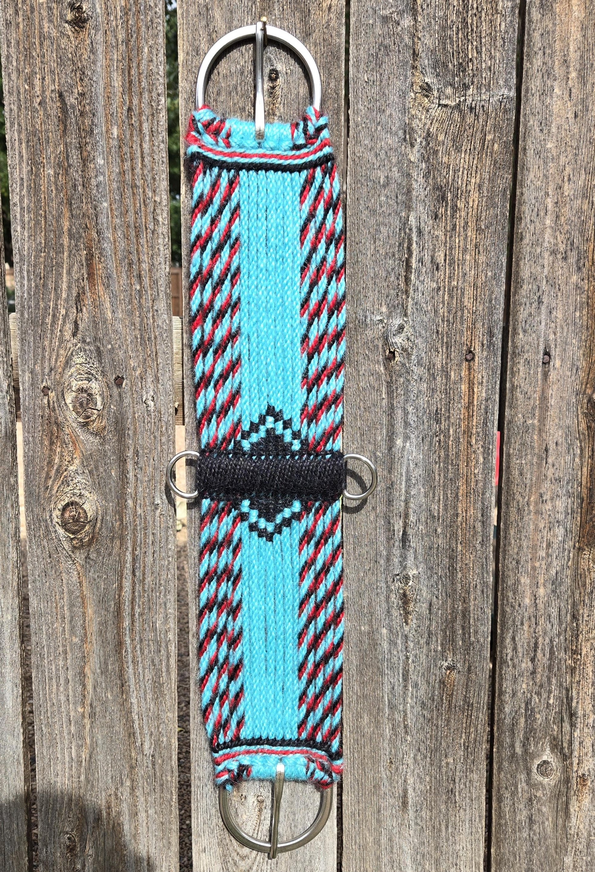 29" Mohair Cinch w Stainless Buckles, Tack Set for Western Horseback Riding, Handmade from 100% Mohair Woven Cord, Turquoise Red Black