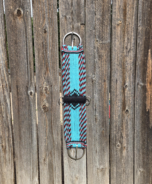 29" Mohair Cinch w Stainless Buckles, Tack Set for Western Horseback Riding, Handmade from 100% Mohair Woven Cord, Turquoise Red Black