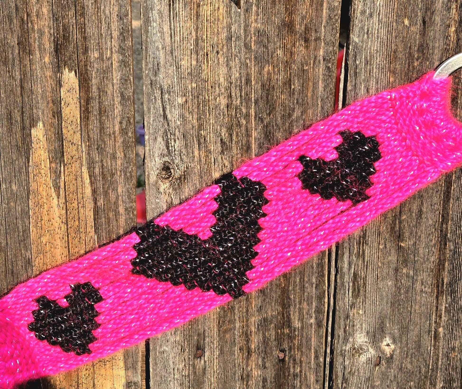 100% Mohair Breast Collar, Equestrian Tack Set for Western Horseback Riding, w/ Stainless Steel Buckles + Leather Tugs, Pink and Black Heart