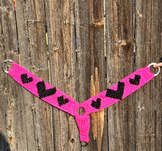 100% Mohair Breast Collar, Equestrian Tack Set for Western Horseback Riding, w/ Stainless Steel Buckles + Leather Tugs, Pink and Black Heart