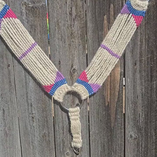 100% Mohair Breast Collar, Equestrian Tack Set for Western Horseback Riding, w/ Stainless Steel Buckles + Leather Tugs, Tan Pink + Blue