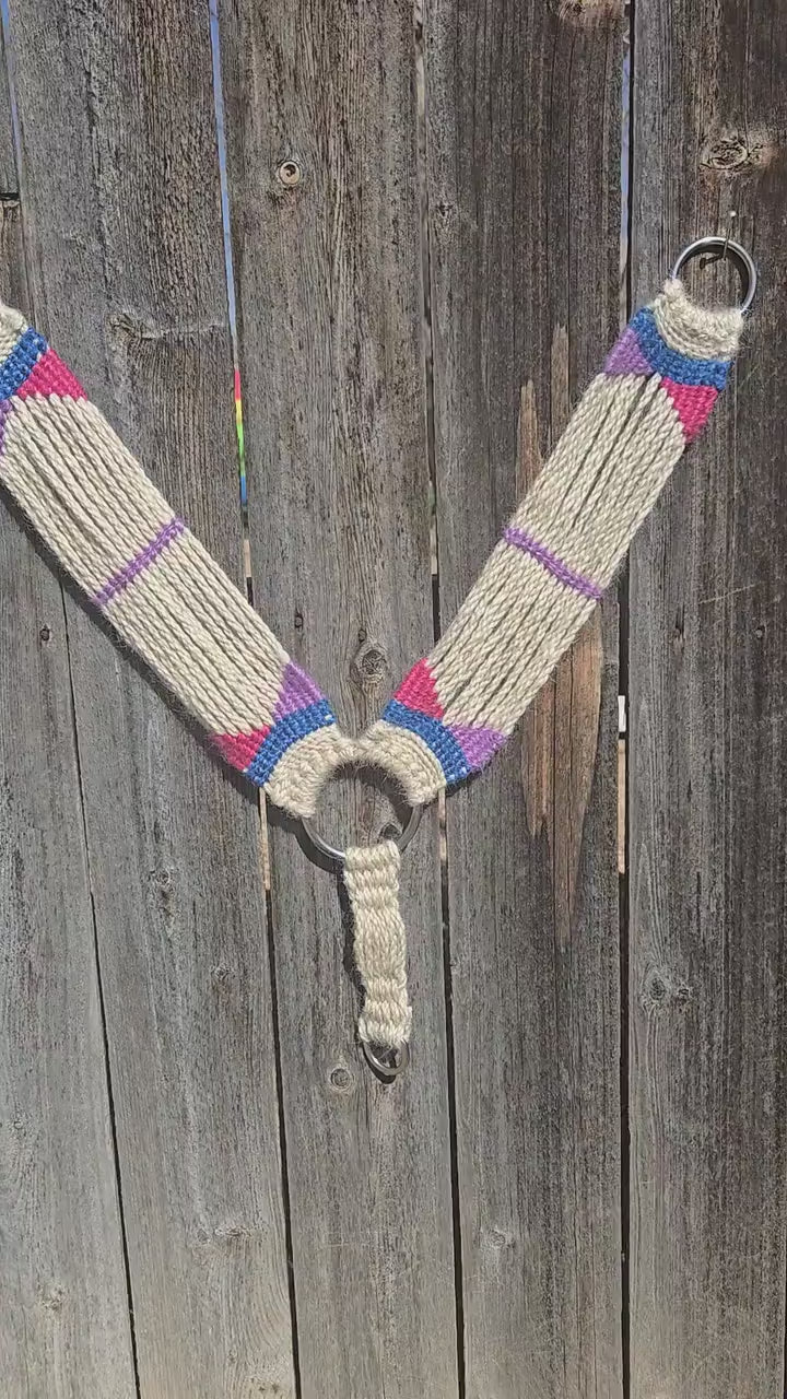 100% Mohair Breast Collar, Equestrian Tack Set for Western Horseback Riding, w/ Stainless Steel Buckles + Leather Tugs, Tan Pink + Blue