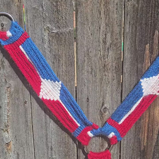 100% Mohair Breast Collar, Equestrian Tack Set for Western Horseback Riding, Stainless Steel Buckles, Leather Tugs, Red White Blue