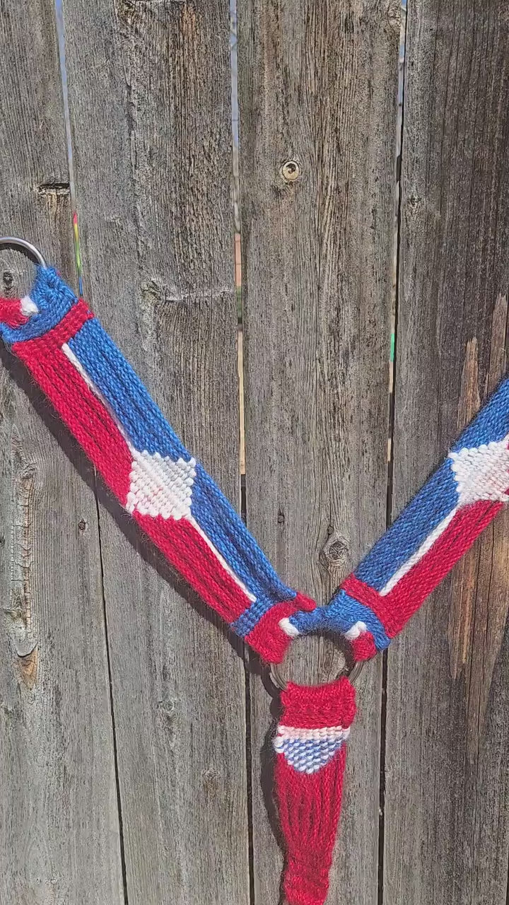 100% Mohair Breast Collar, Equestrian Tack Set for Western Horseback Riding, Stainless Steel Buckles, Leather Tugs, Red White Blue