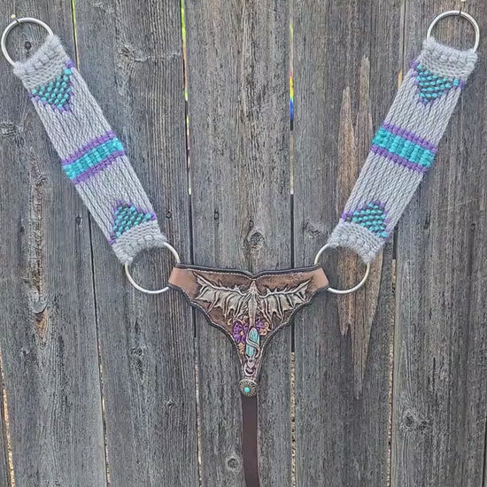 Mohair Gladiator Style Western Horseback Riding Breast Collar w Stainless Rings + Buckles, Leather Tugs, Hand Tooled Dragon, Equestrian Gift