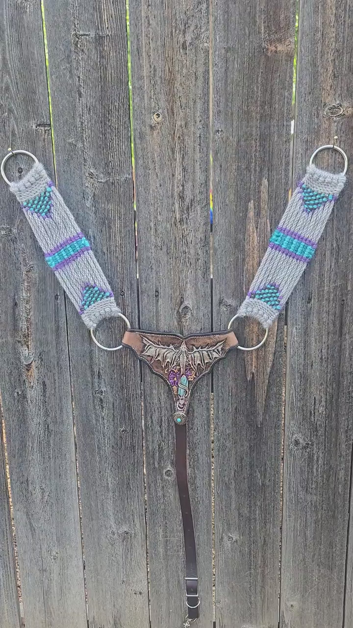 Mohair Gladiator Style Western Horseback Riding Breast Collar w Stainless Rings + Buckles, Leather Tugs, Hand Tooled Dragon, Equestrian Gift
